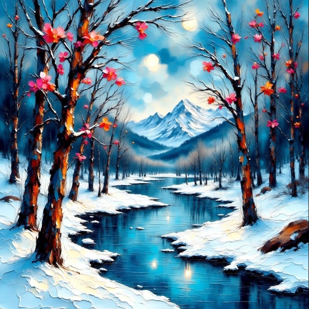 Ethereal Winter Scene in Impressionist Watercolor Style