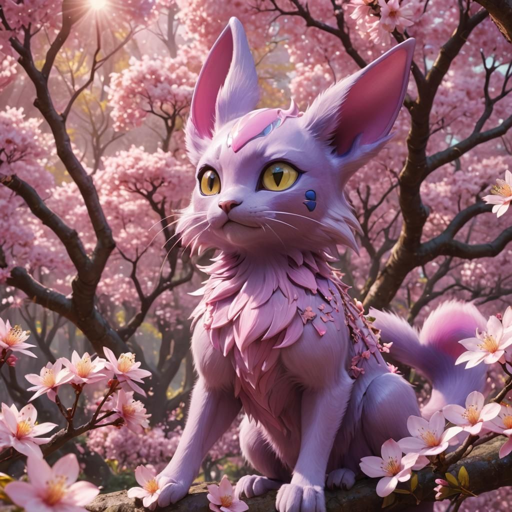 Realistic Espeon in Sakura Forest: 3D Digital Art