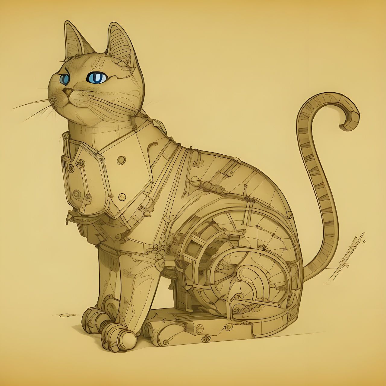Mechanical Cat in Topographical Sketch Style