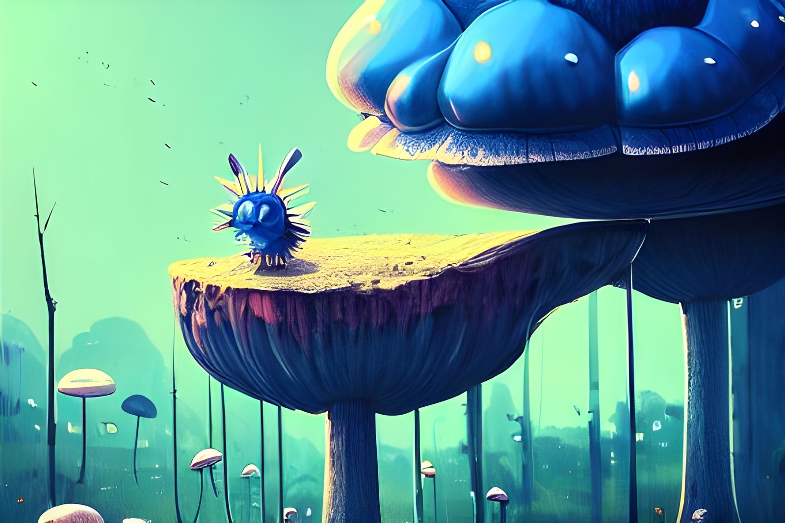 Blue Caterpillar on Mushroom in Wonderland