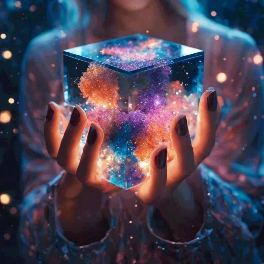 Glowing Glitter Cube in Hands: Digital Art