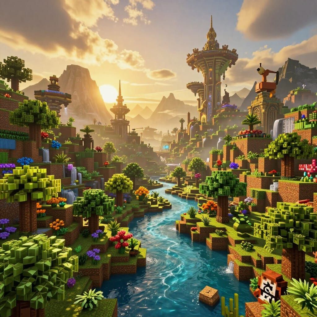 Hyperrealistic Minecraft World in Golden Hour Light