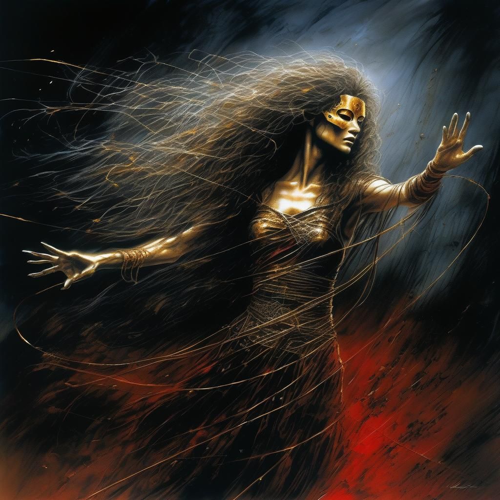 Goddess with Golden Mask in Gloomy Abyss