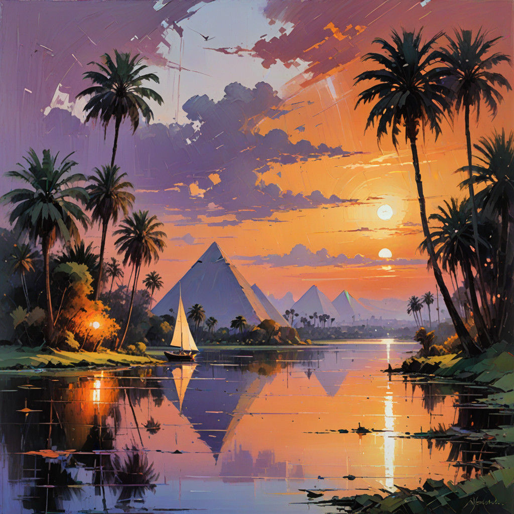 Impressionist Landscape Painting of a Majestic Sunset on the...