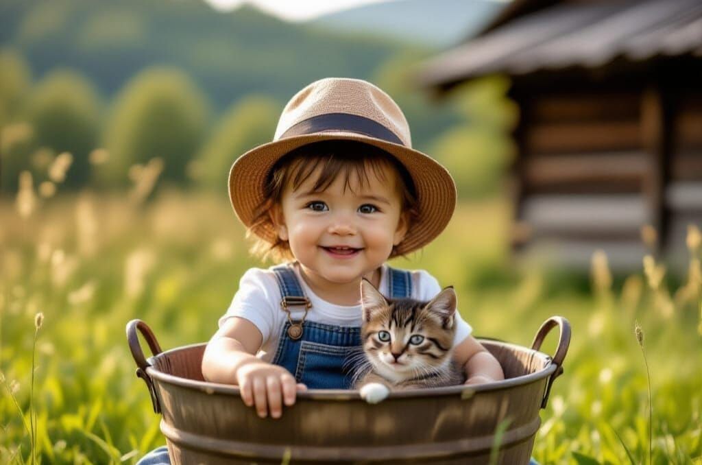 Baby Playing with Kitten in Tub in Field