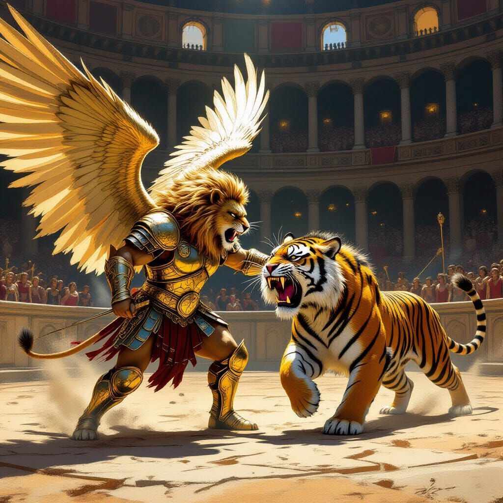 Armored Angel Lion vs Demon Tiger in Colosseum