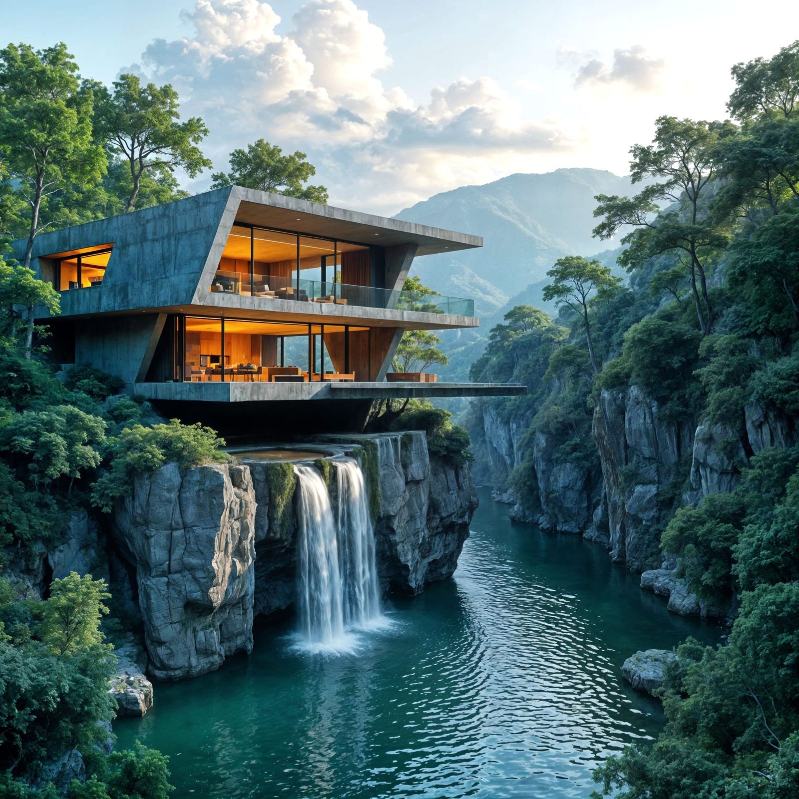 Cliffside House with Waterfall, Digital Art