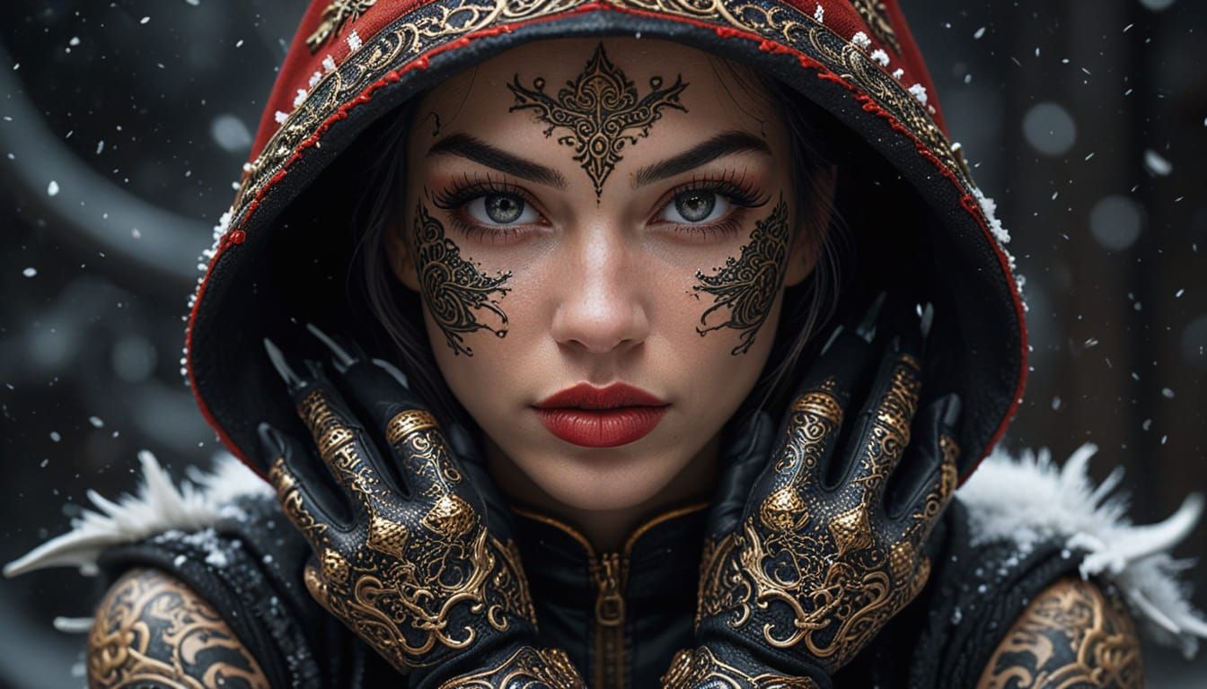 Woman in Vintage Hood with Daggers in Snow