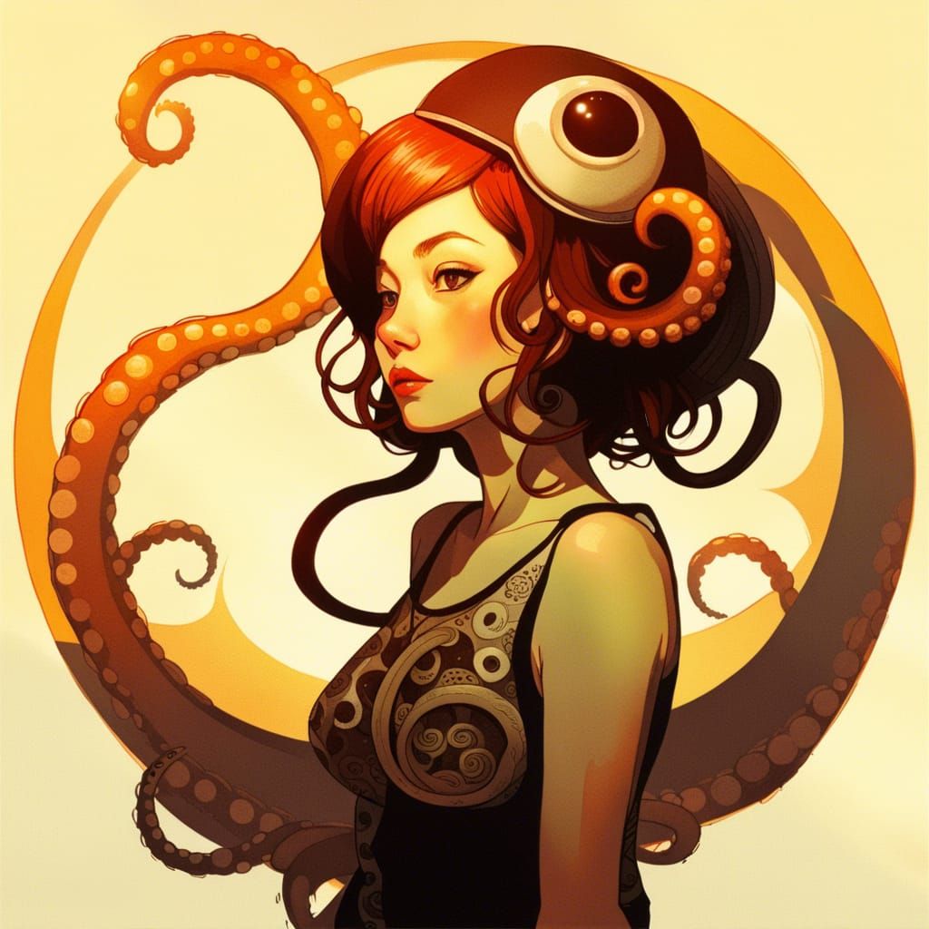 Octopus Crowned Woman Portrait in Detailed Style