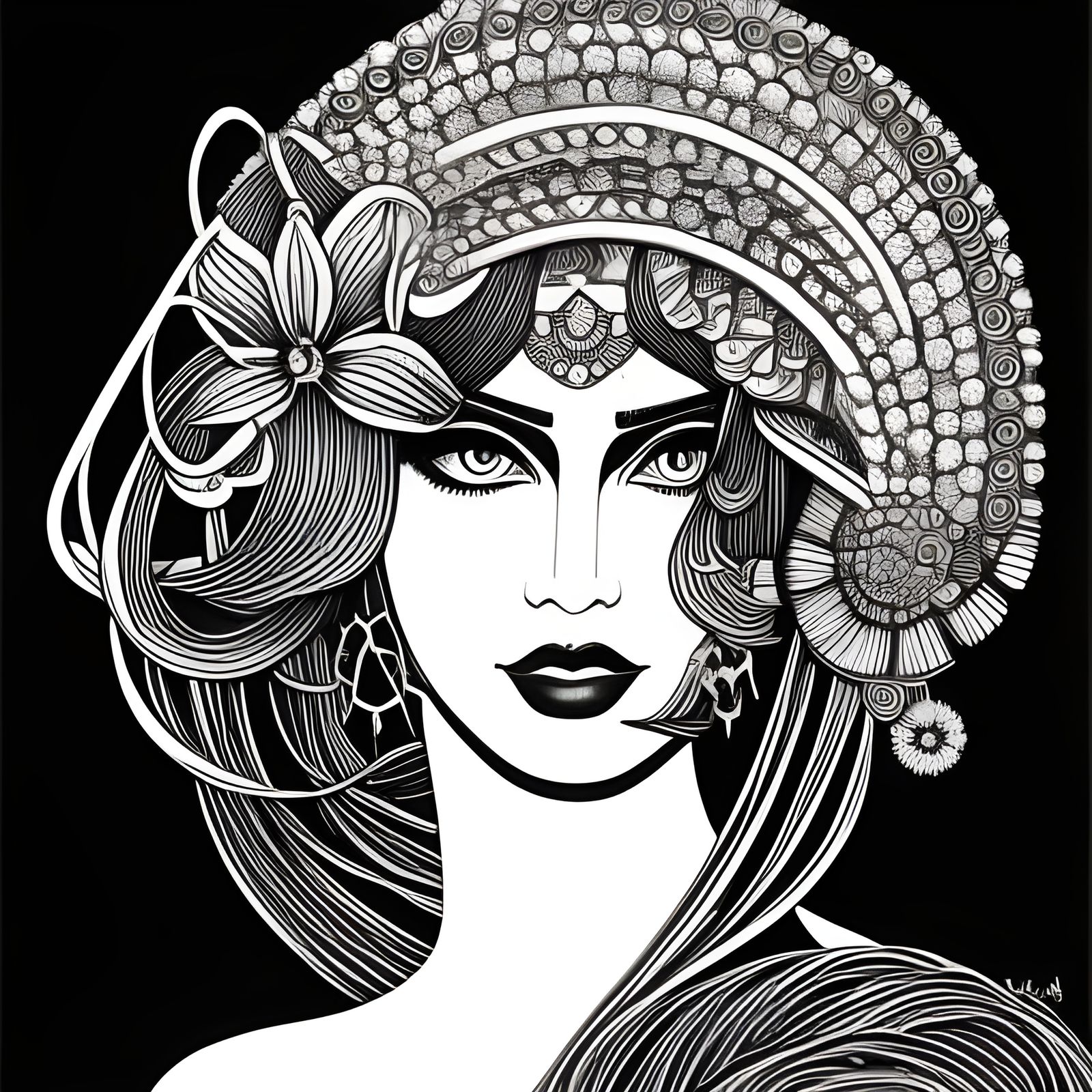 Elegant Perfume Goddess: Detailed Line Art Portrait