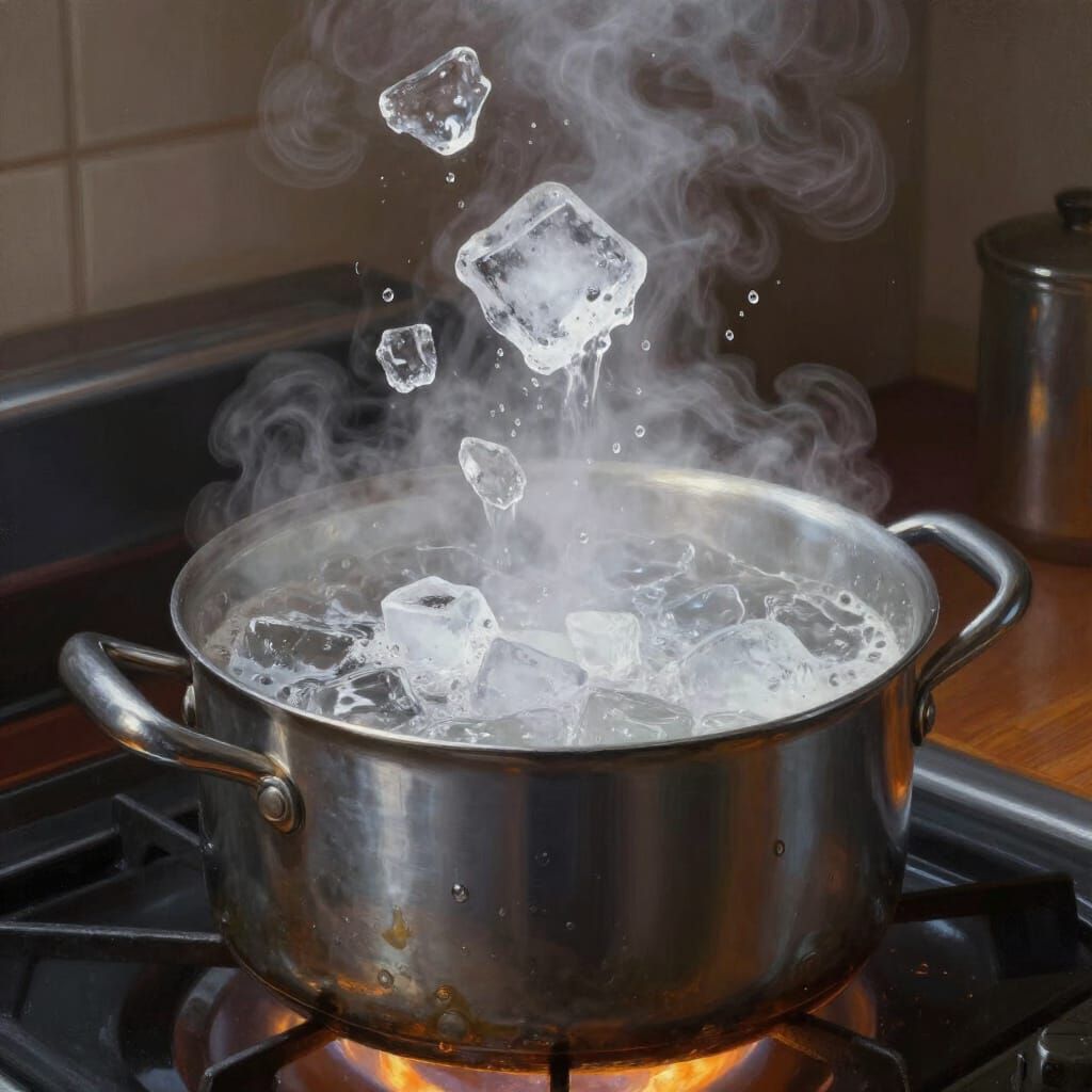 Ice Dropped Into Boiling Water: Hyperrealistic Digital Paint...