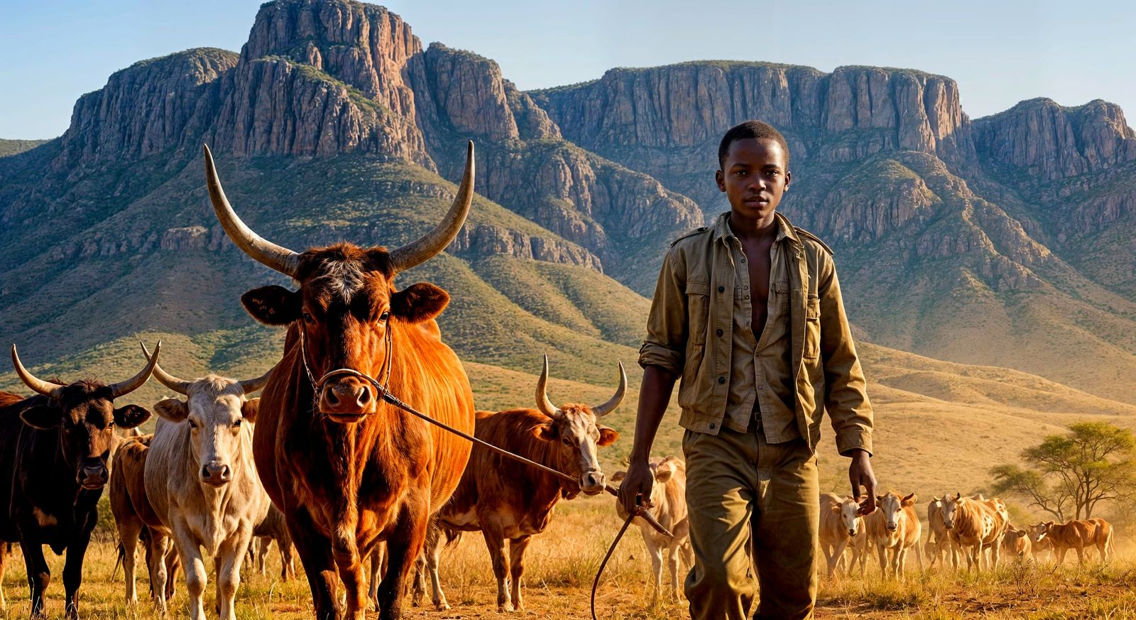 African Boy Tends Nguni Cattle in Magaliesberg Landscape