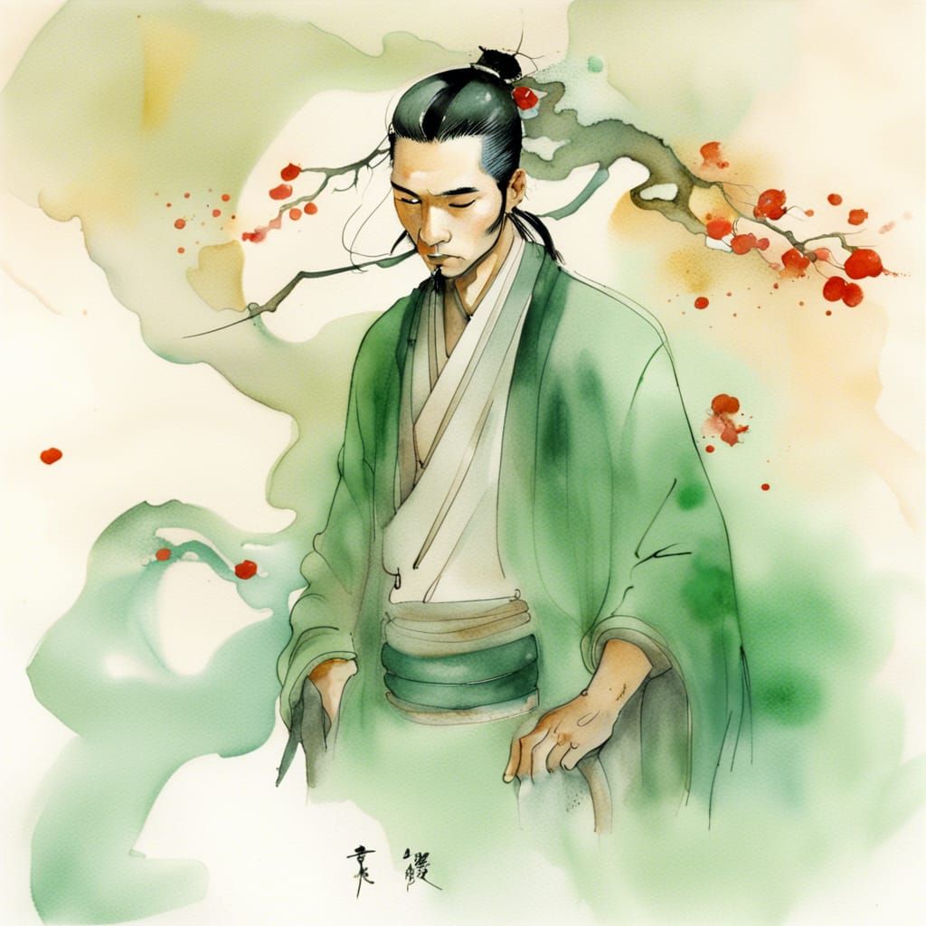 Jade Stone Man in Watercolor Style