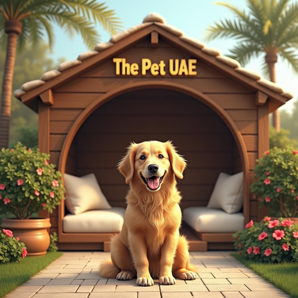 Golden Retriever in Front of Luxury Dog House