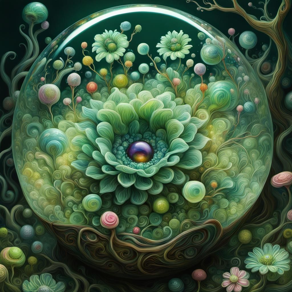 Green Pixie in Ornate Glass, Hyperrealistic Digital Art