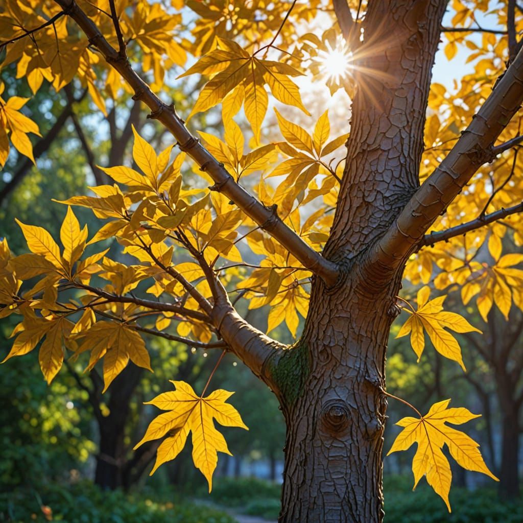 Shimmering Tree in Golden Light: Oil Painting Concept Art