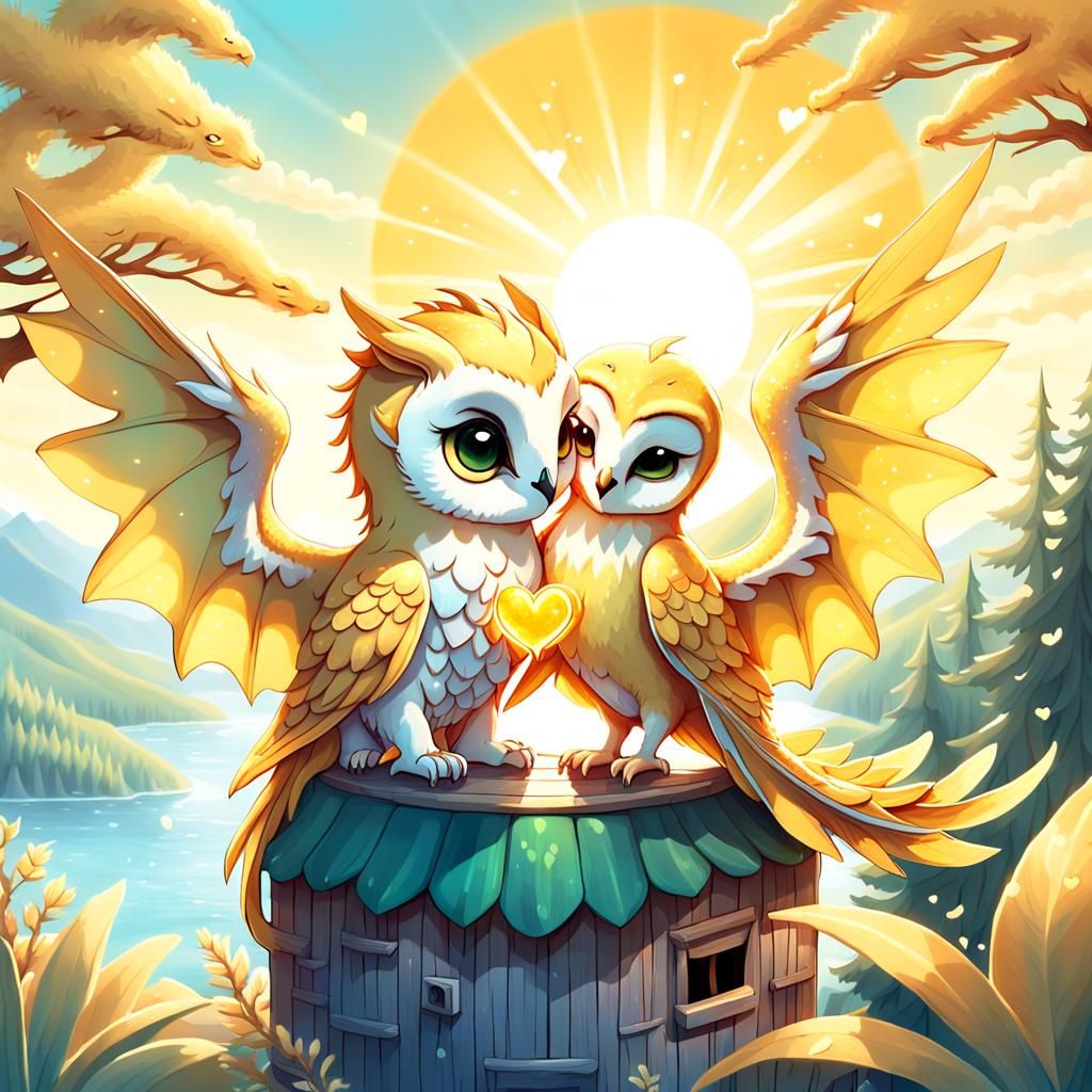 Whimsical Golden Dragon-Owl Creature with Sun Cream
