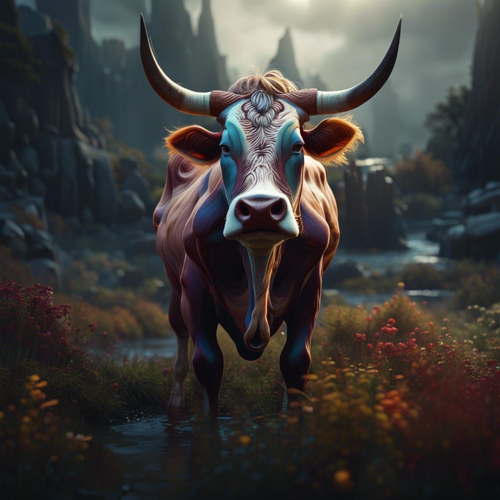 Fantastical Cow in Detailed Matte Painting