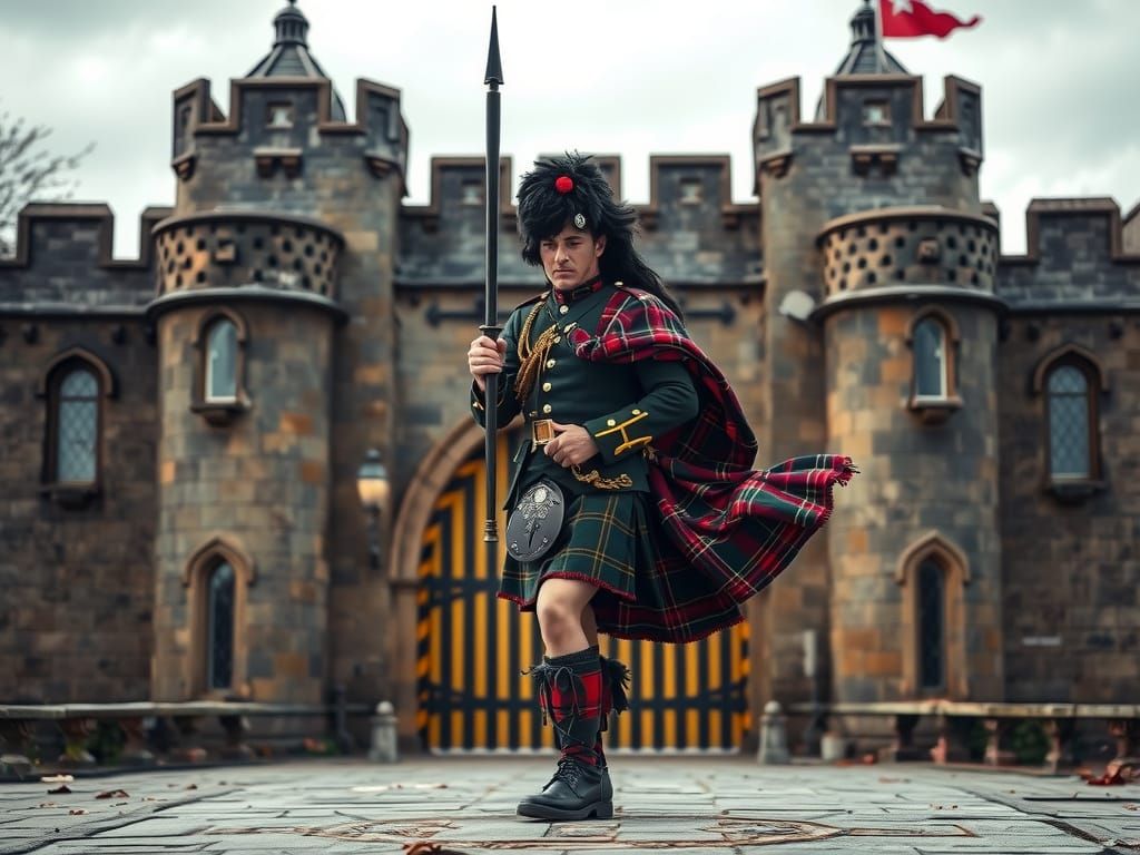 Scottish Soldier Battling Wind at Castle Gate