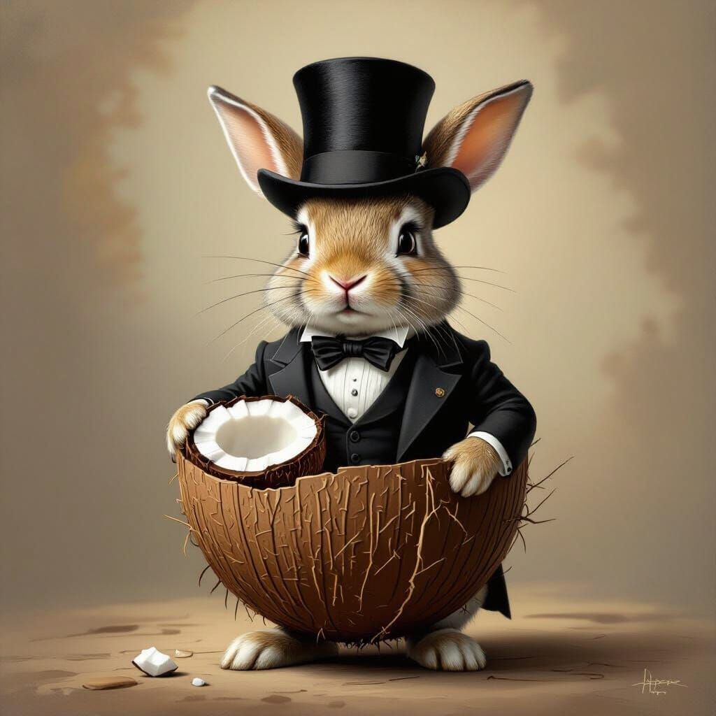 Whimsical Rabbit in Suit and Top Hat with Coconut Body