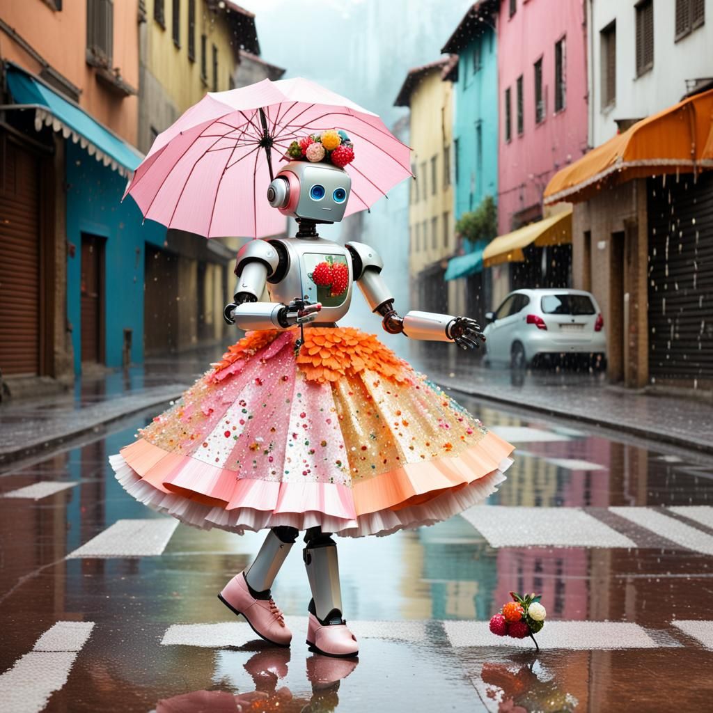 Robots Dancing with Cake in Rainy Street