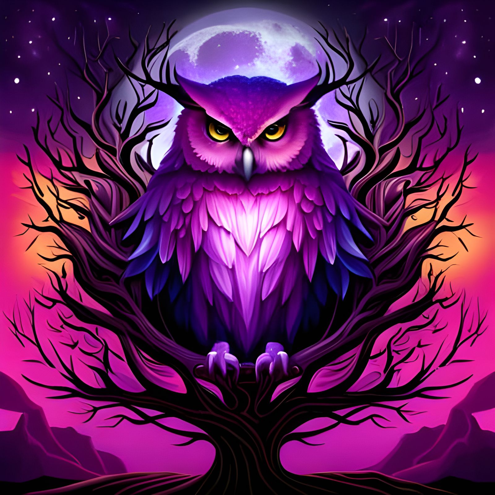 Purple Cosmic Owl in Autumnal Witchcore Style