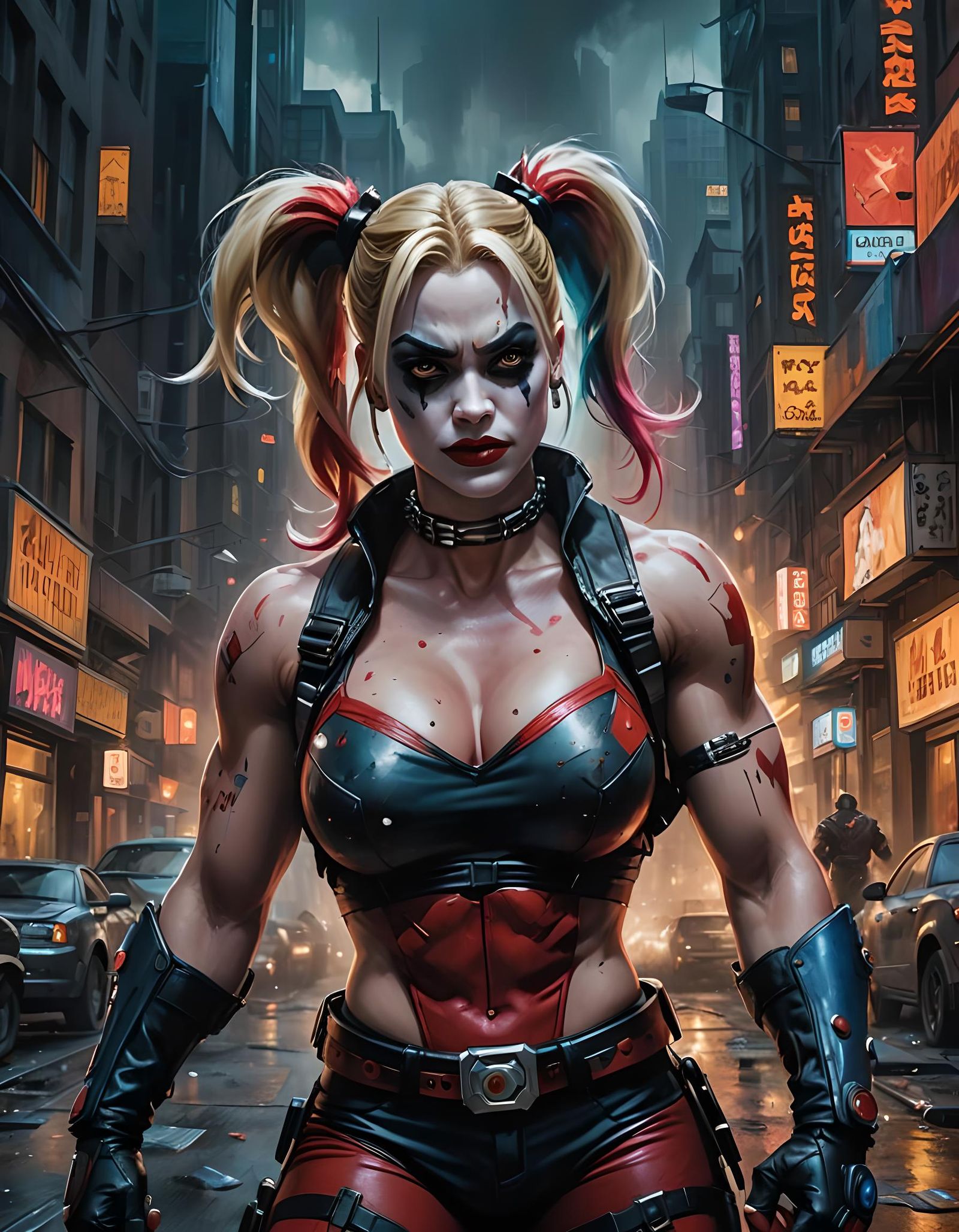 Cyberpunk Harley Quinn: Augmented Rage in Oil Painting