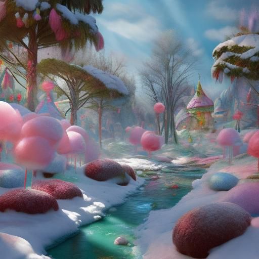 Hyperrealistic Candy Land with Snow and Colorful Trees