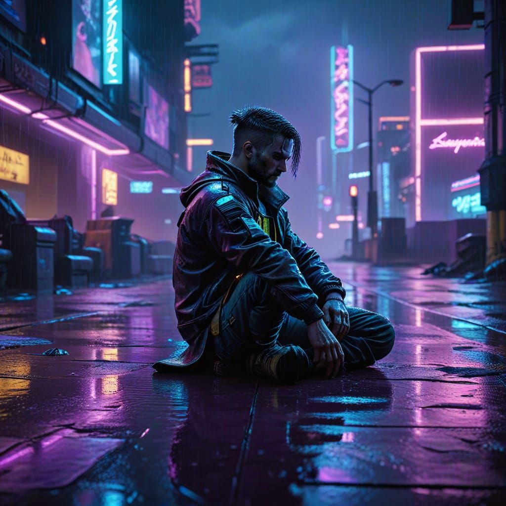 Cyberpunk Solitude: Neon Rain & Holographic Glow