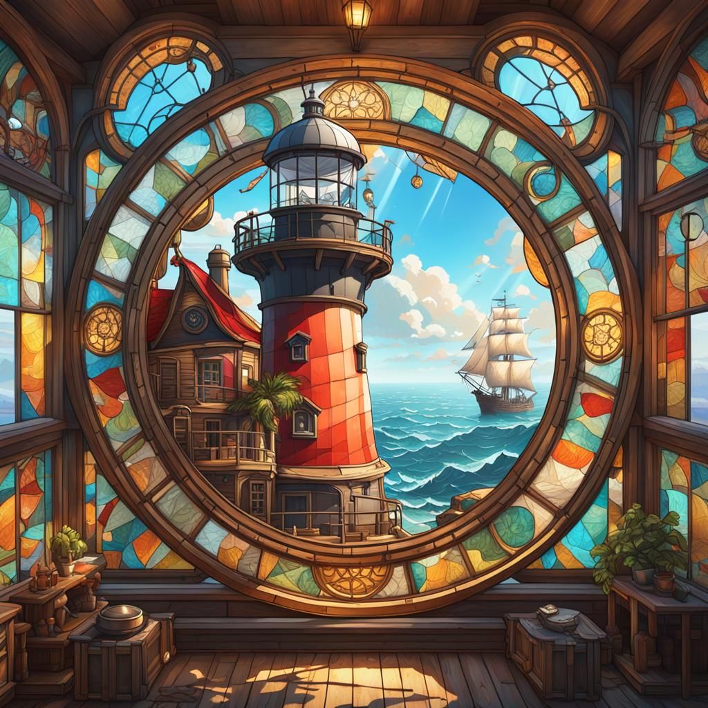 Stained Glass Lighthouse and Pirate Ship Art