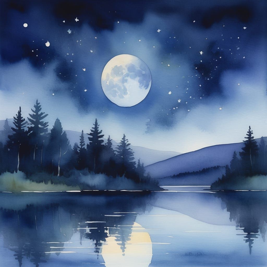 Dreamy Watercolor of a Tranquil Summer Night Lake