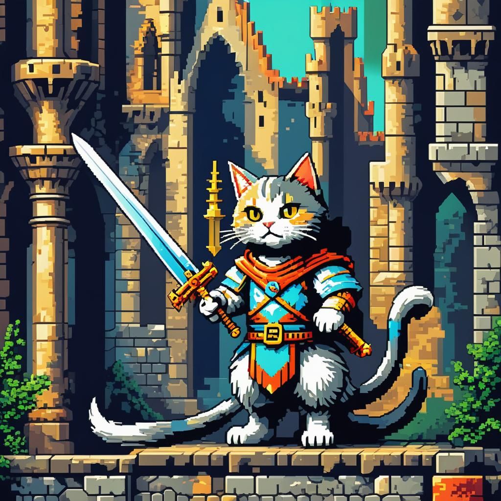 Pixel art cat with a sword guarding the castle, retro game s...