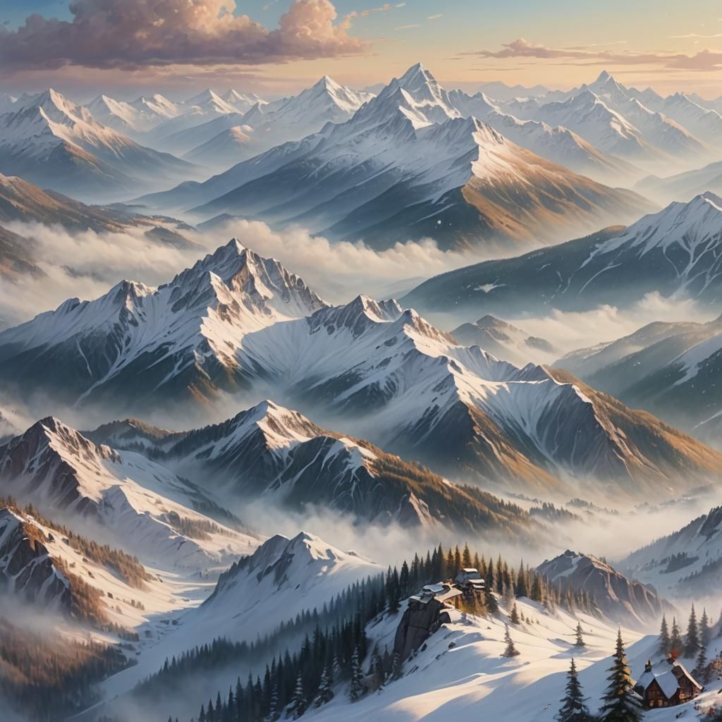 Ethereal Snow Mountain Landscape in Oil Painting Style