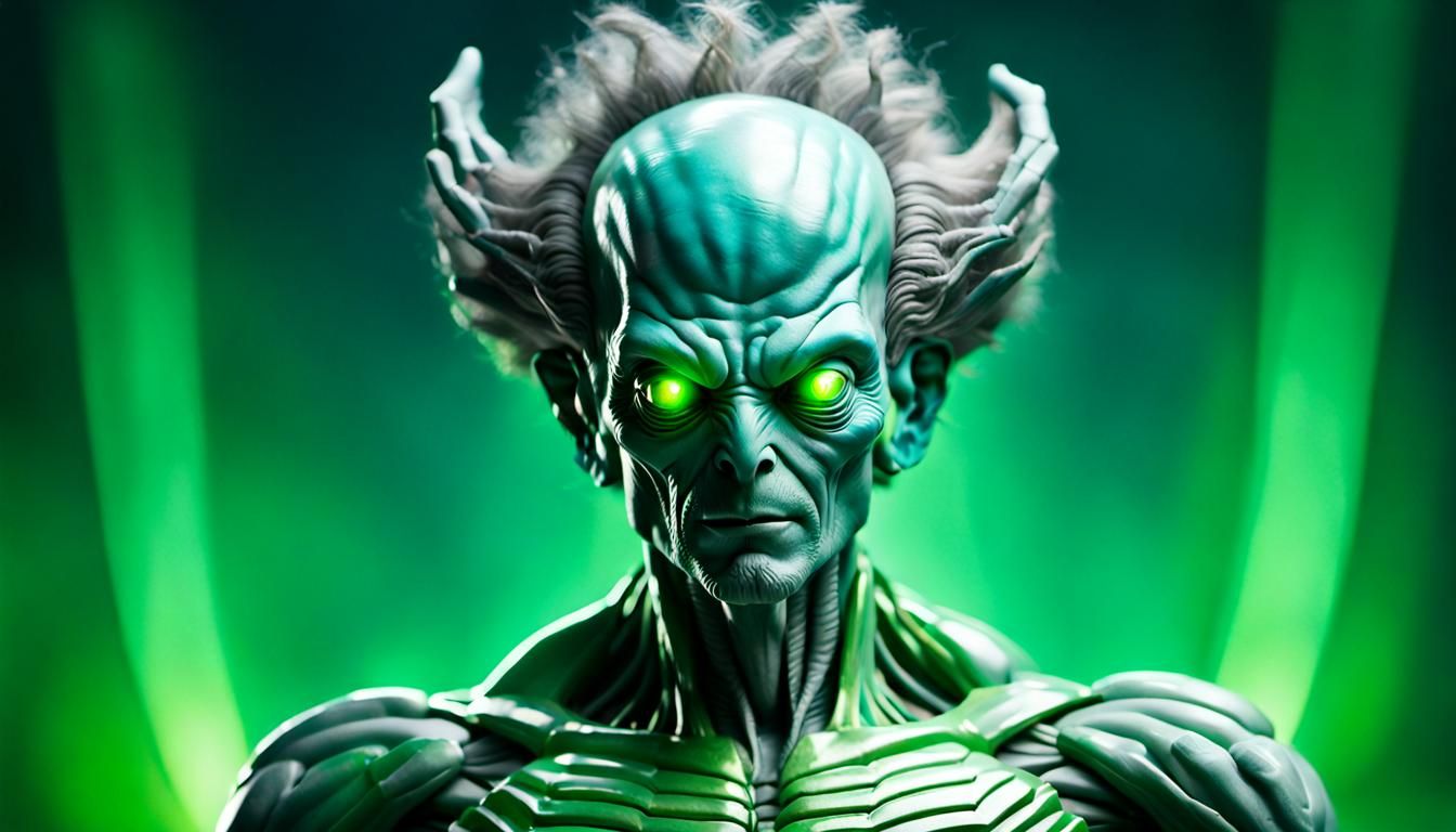 A ripped tall grey-green alien with a heart that glows blue