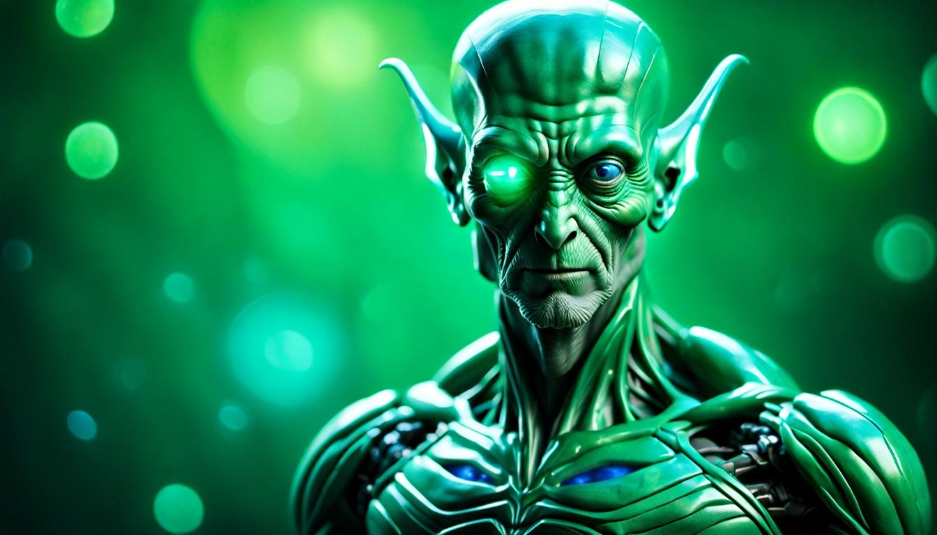 A single tall grey-green alien with a heart that glows blue