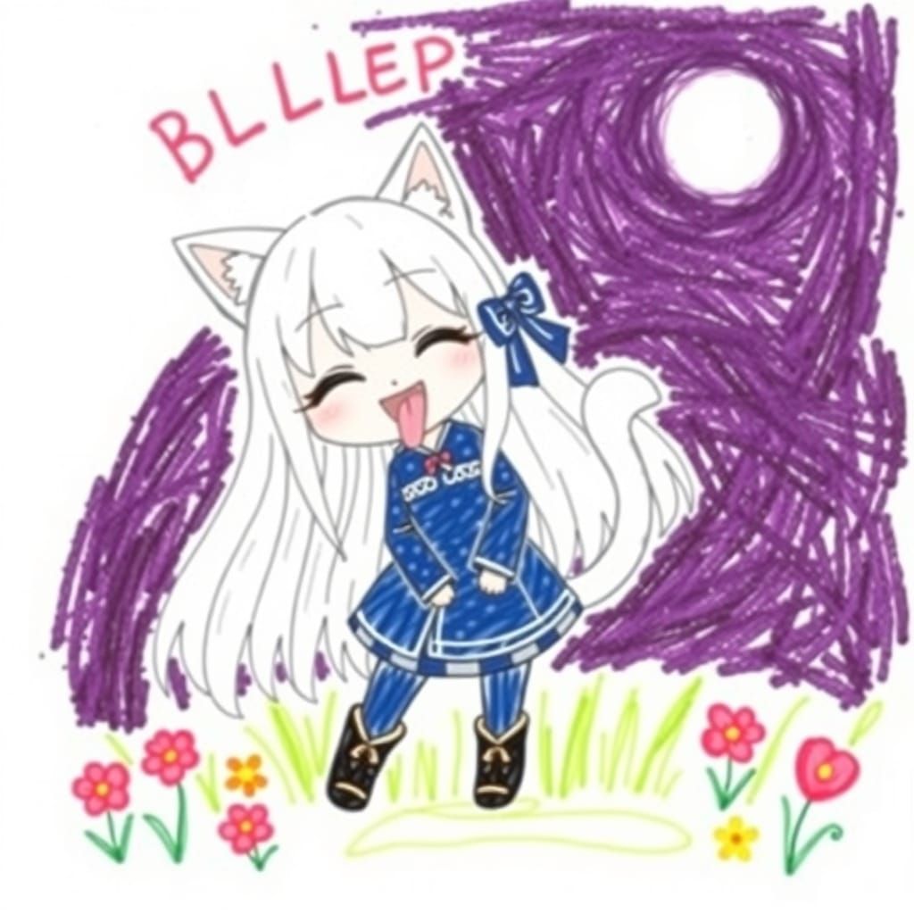 Cute Anime Catgirl Crayon Drawing with Tongue Out