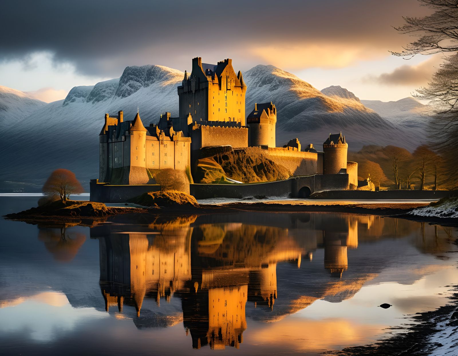 Eilean Donan Castle Sunrise Reflection, Photorealistic Art