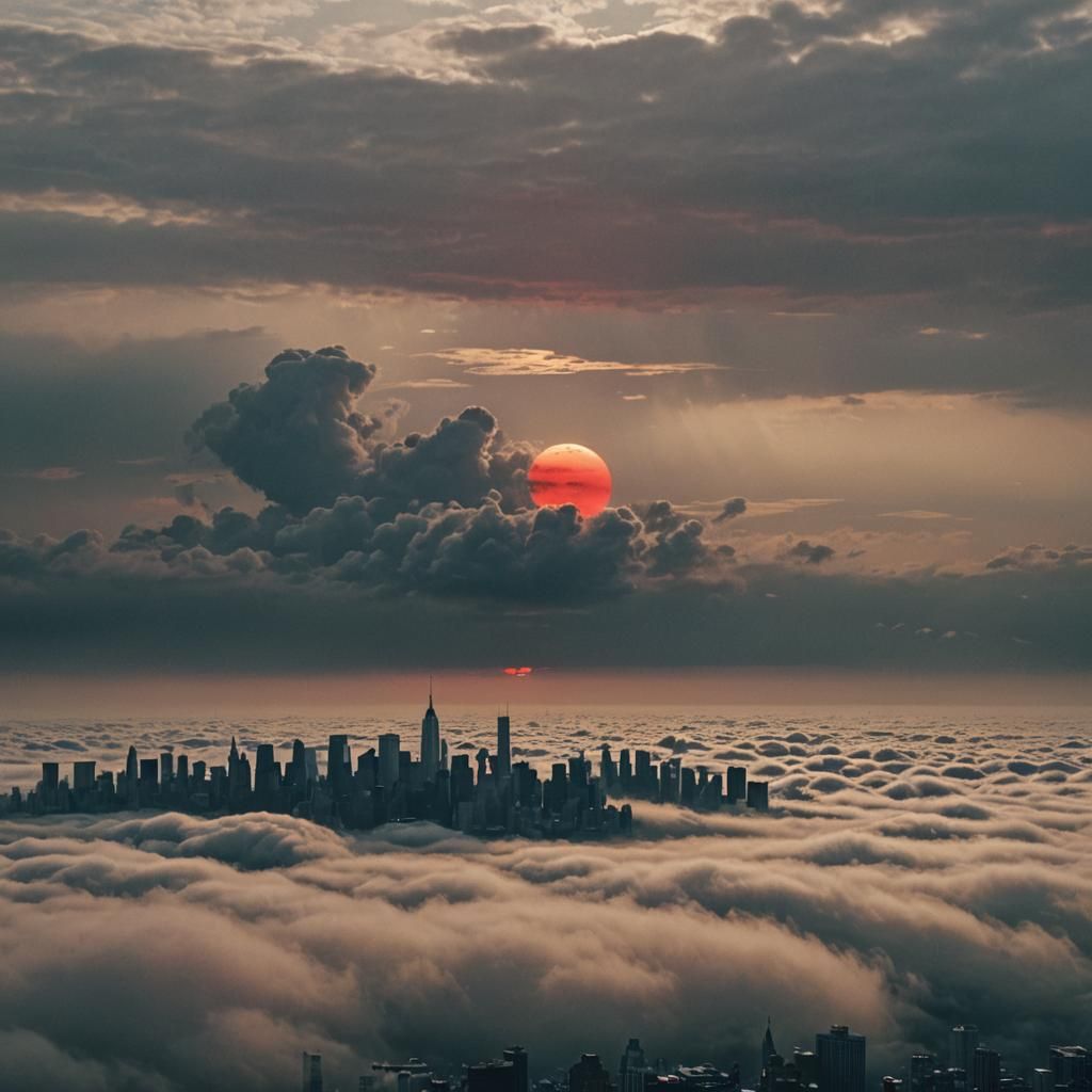 Dramatic Red Sun Over Foggy New York