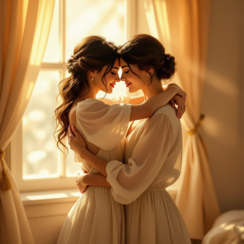 Tender Embrace in Golden Light: A Waterhouse-Inspired Scene