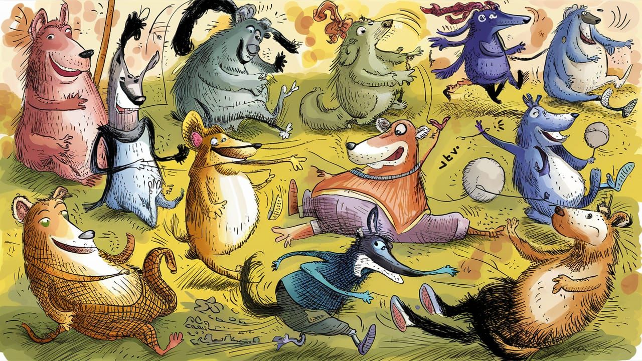 Playful Anthropomorphic Animals in a Joyful Scene