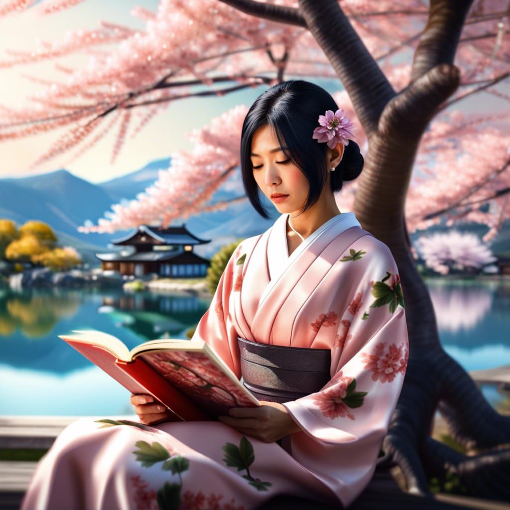 Japanese Lady Reading by Cherry Blossom Tree