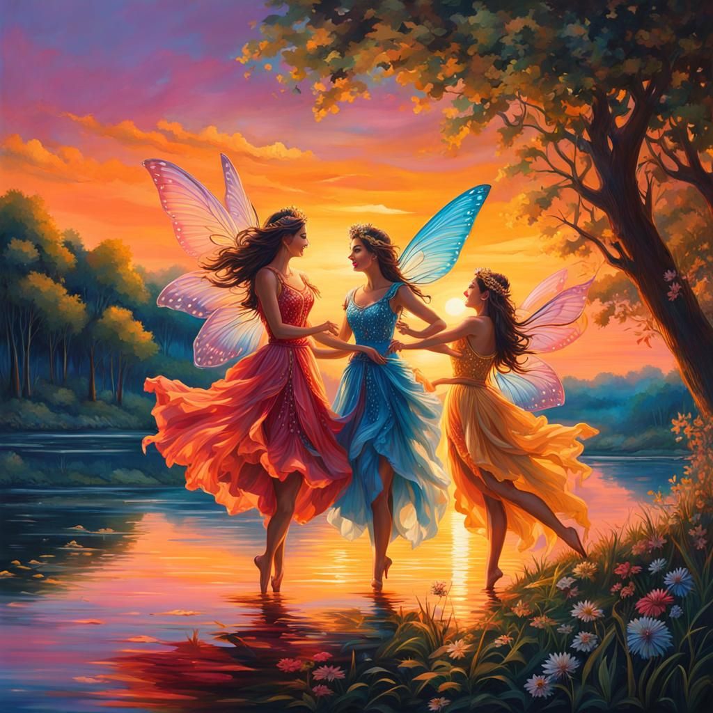 Fairies Dance by River at Sunset