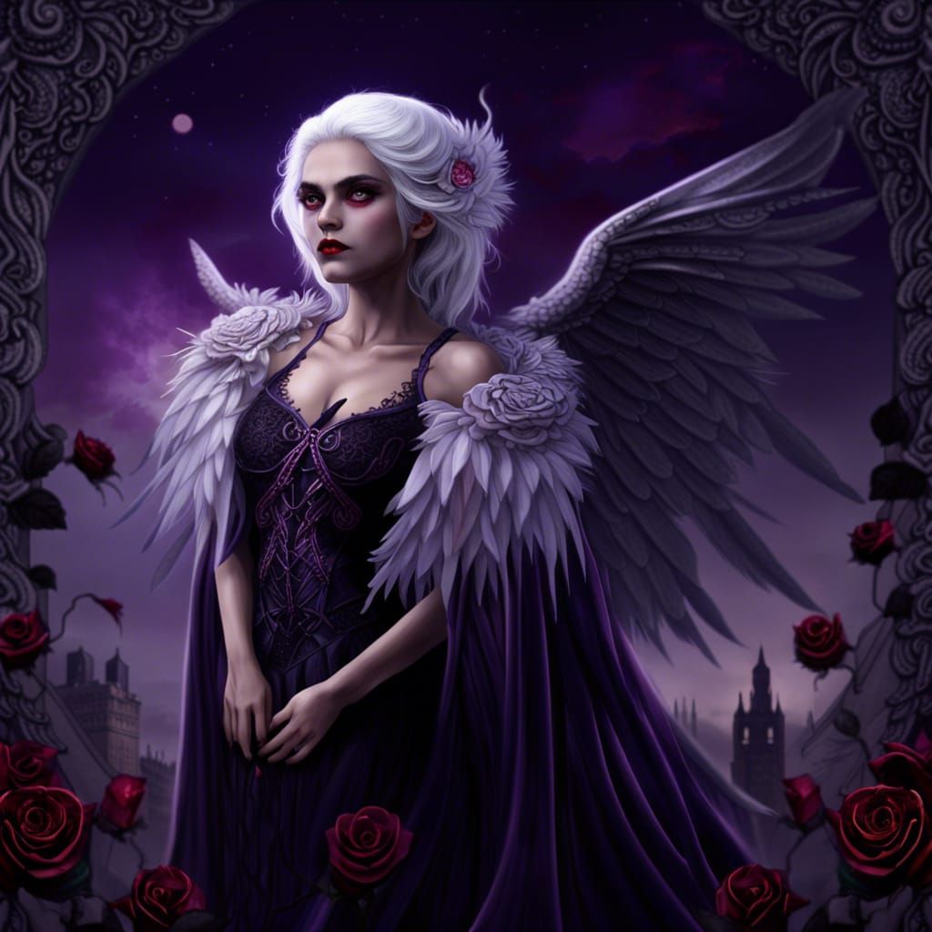 Vampire Woman with Wings and Roses in Moonlight