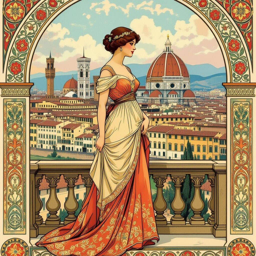 Elegant Woman in Florence, Art Nouveau Style