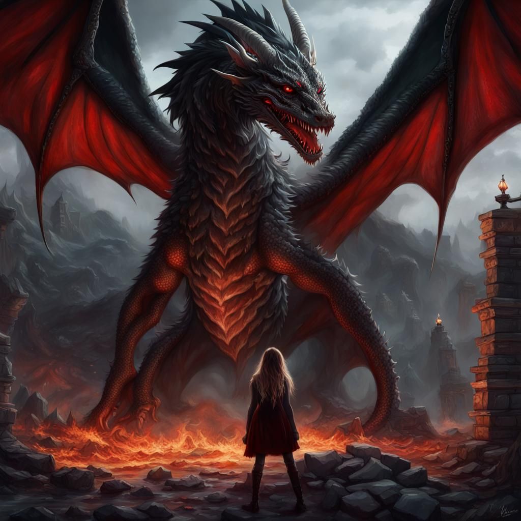 Dragon Guardian Protecting Girl from Wolves, Fantasy Art