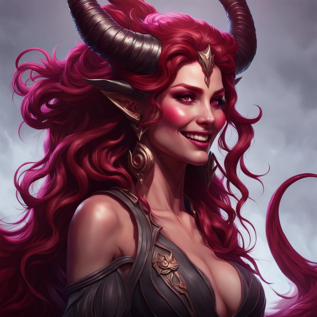 Magenta Demon Woman Portrait in Art Nouveau Style