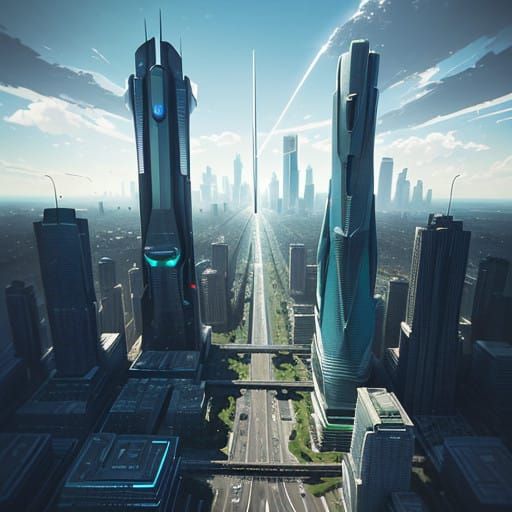 Sleek Futuristic Cityscape Unfolds Under Vibrant Blue Skies
