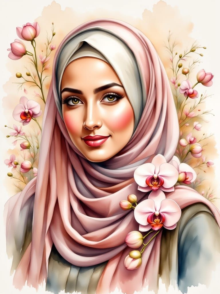 Elegant Hijabi Woman with Orchids in Watercolor