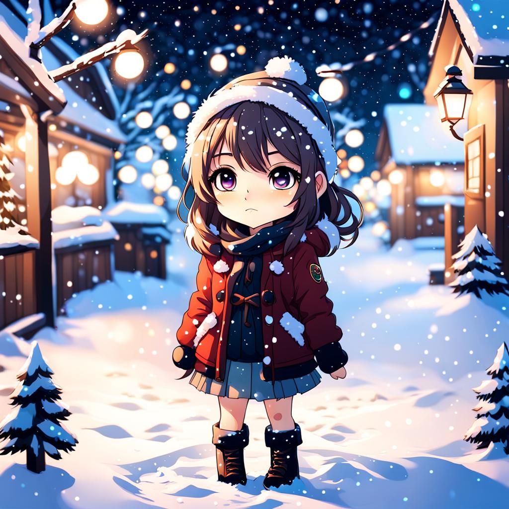 Chibi Girl in Snowy Christmas Scene