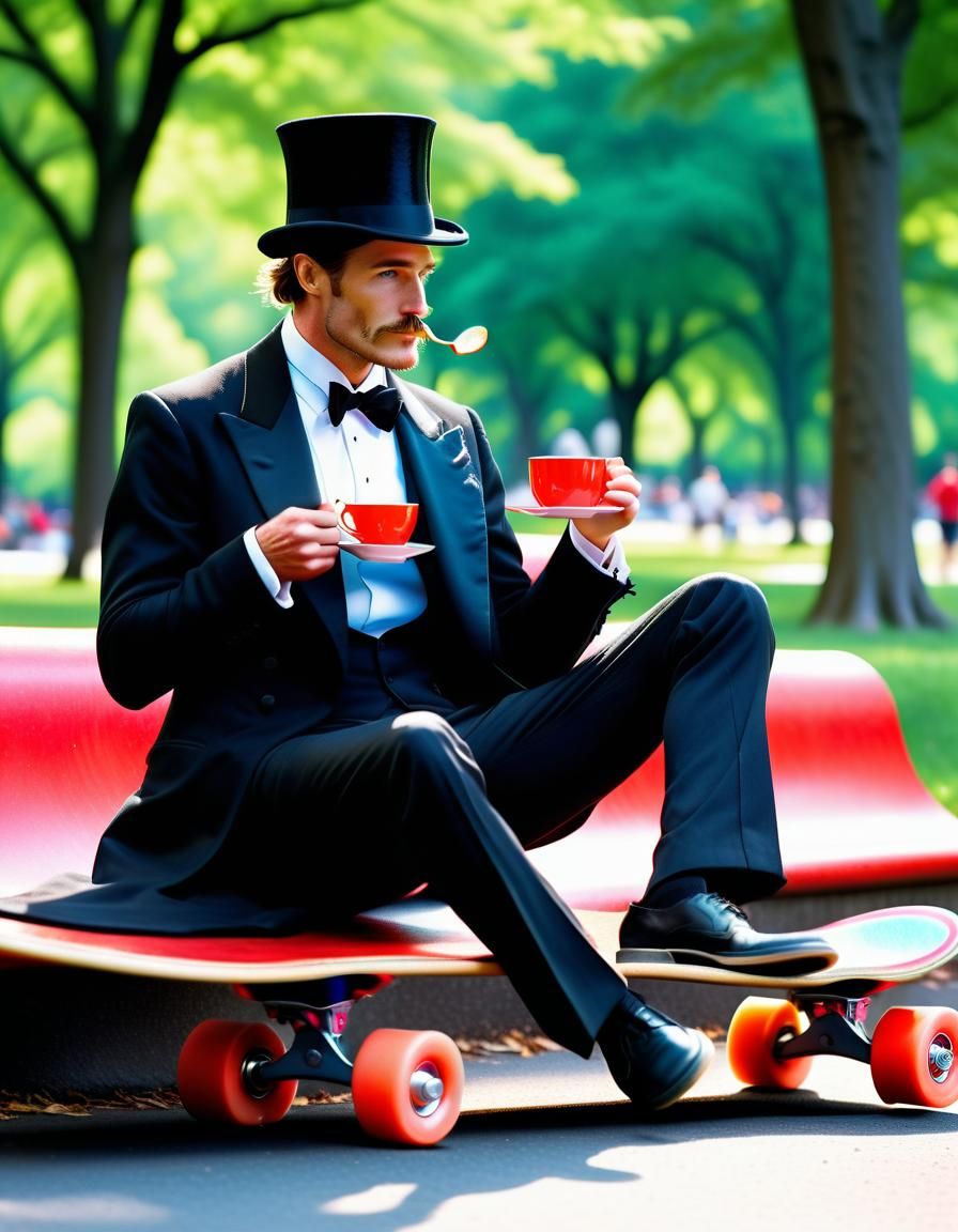 English Gentleman Rides Neon Skateboard in Central Park